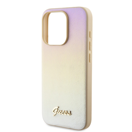 Guess PU Leather Iridescent Metal Script Zadní Kryt pro iPhone 15 Pro Gold, GUHCP15LPSAIRSD