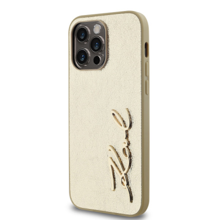 Karl Lagerfeld Wrinkled PU Signature Logo Zadní Kryt pro iPhone 14 Pro Max Gold, KLHCP14XPFMFBKMD