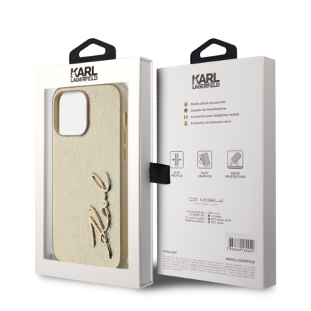 Karl Lagerfeld Wrinkled PU Signature Logo Zadní Kryt pro iPhone 14 Pro Max Gold, KLHCP14XPFMFBKMD