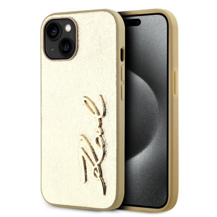 Karl Lagerfeld Wrinkled PU Signature Logo Zadní Kryt pro iPhone 15 Gold, KLHCP15SPFMFBKMD