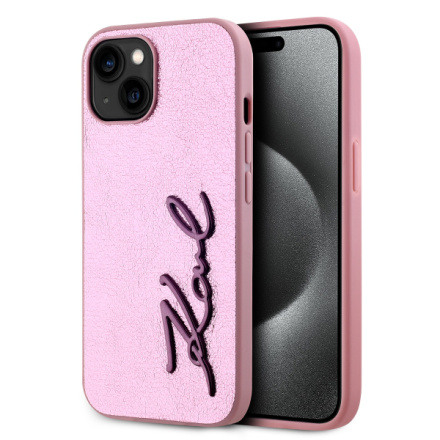Karl Lagerfeld Wrinkled PU Signature Logo Zadní Kryt pro iPhone 15 Pink, KLHCP15SPFMFBKMP