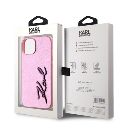 Karl Lagerfeld Wrinkled PU Signature Logo Zadní Kryt pro iPhone 15 Pink, KLHCP15SPFMFBKMP