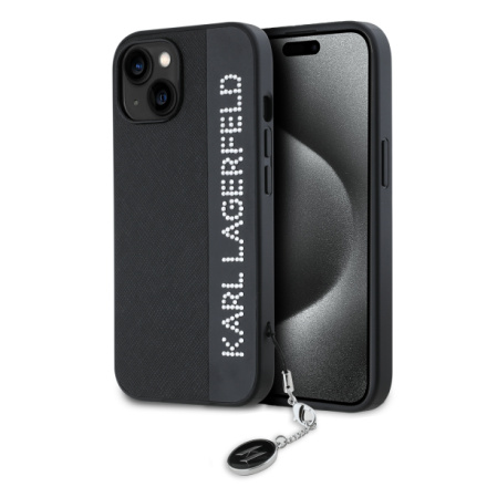 Karl Lagerfeld PU Saffiano Rhinestone Charm Zadní Kryt pro iPhone 15 Black, KLHCP15SPSAKDGCK