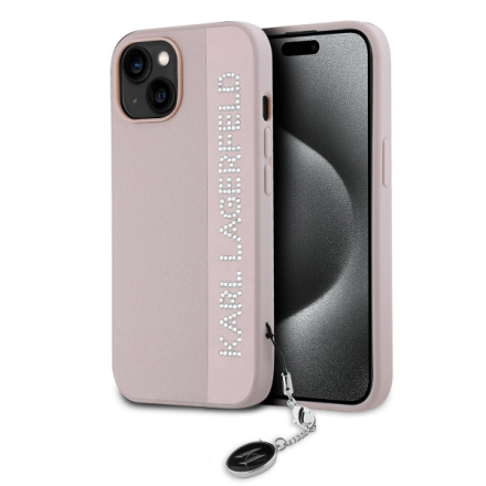 Karl Lagerfeld PU Saffiano Rhinestone Charm Zadní Kryt pro iPhone 15 Pink, KLHCP15SPSAKDGCP