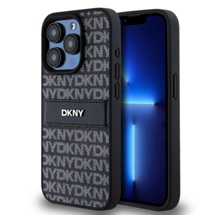 DKNY PU Leather Repeat Pattern Tonal Stripe Zadní Kryt pro iPhone 15 Pro Black, DKHCP15LPRTHSLK