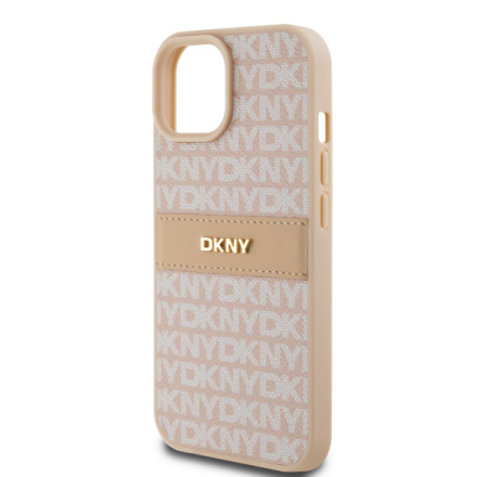 DKNY PU Leather Repeat Pattern Tonal Stripe Zadní Kryt pro iPhone 15 Pink, DKHCP15SPRTHSLP