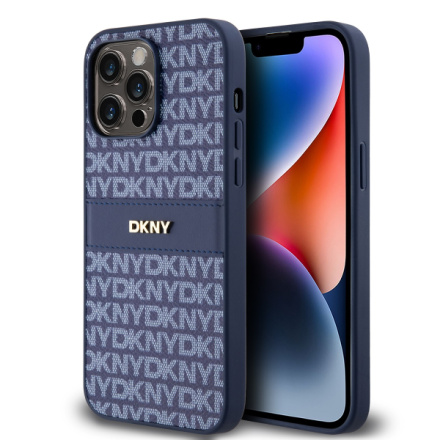 DKNY PU Leather Repeat Pattern Tonal Stripe Zadní Kryt pro iPhone 14 Pro Blue, DKHCP14LPRTHSLB