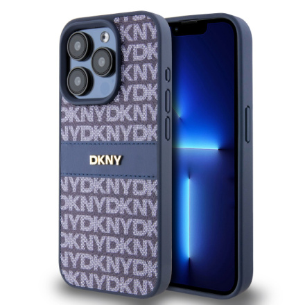DKNY PU Leather Repeat Pattern Tonal Stripe Zadní Kryt pro iPhone 15 Pro Blue, DKHCP15LPRTHSLB