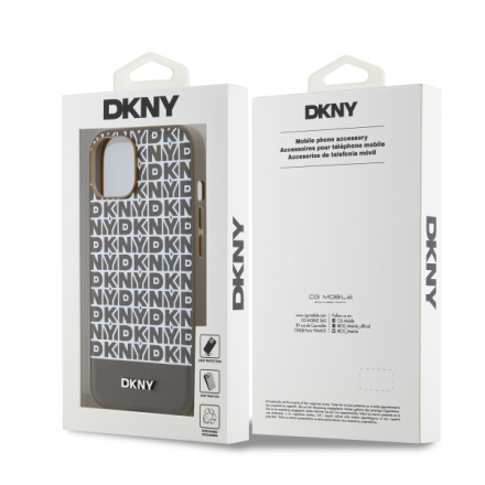 DKNY PU Leather Repeat Pattern Bottom Stripe MagSafe Zadní Kryt pro iPhone 13 Brown, DKHMP13MPSOSPW