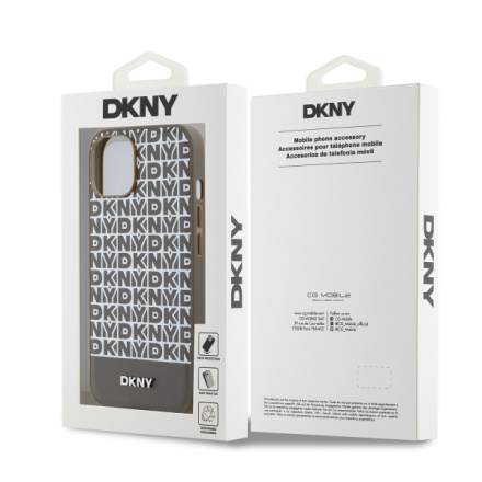 DKNY PU Leather Repeat Pattern Bottom Stripe MagSafe Zadní Kryt pro iPhone 15 Brown, DKHMP15SPSOSPW