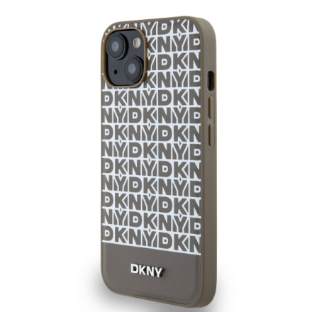 DKNY PU Leather Repeat Pattern Bottom Stripe MagSafe Zadní Kryt pro iPhone 15 Brown, DKHMP15SPSOSPW