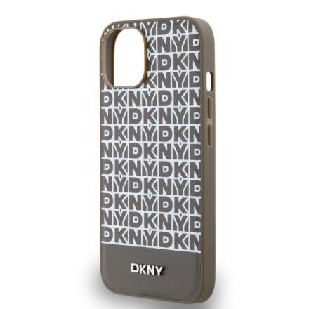 DKNY PU Leather Repeat Pattern Bottom Stripe MagSafe Zadní Kryt pro iPhone 15 Brown, DKHMP15SPSOSPW