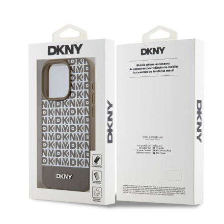 DKNY PU Leather Repeat Pattern Bottom Stripe MagSafe Zadní Kryt pro iPhone 15 Pro Brown, DKHMP15LPSOSPW