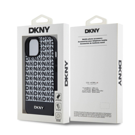 DKNY PU Leather Repeat Pattern Bottom Stripe MagSafe Zadní Kryt pro iPhone 15 Black, DKHMP15SPSOSPK
