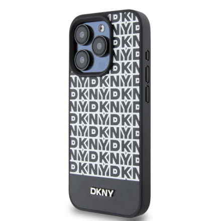 DKNY PU Leather Repeat Pattern Bottom Stripe MagSafe Zadní Kryt pro iPhone 15 Pro Black, DKHMP15LPSOSPK