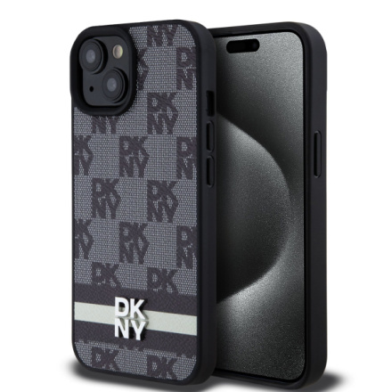 DKNY PU Leather Checkered Pattern and Stripe Zadní Kryt pro iPhone 15 Black, DKHCP15SPCPTSSK