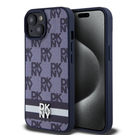 DKNY PU Leather Checkered Pattern and Stripe Zadní Kryt pro iPhone 15 Blue, DKHCP15SPCPTSSB