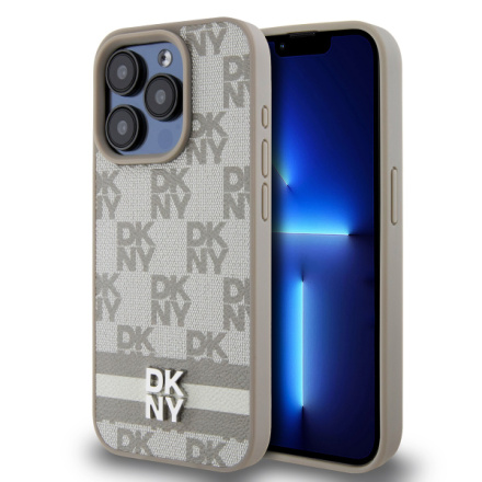 DKNY PU Leather Checkered Pattern and Stripe Zadní Kryt pro iPhone 15 Pro Beige, DKHCP15LPCPTSSE