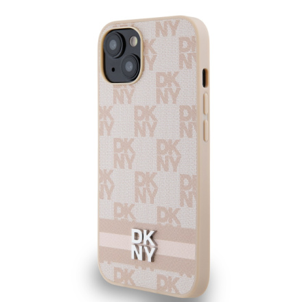 DKNY PU Leather Checkered Pattern and Stripe Zadní Kryt pro iPhone 15 Pink, DKHCP15SPCPTSSP