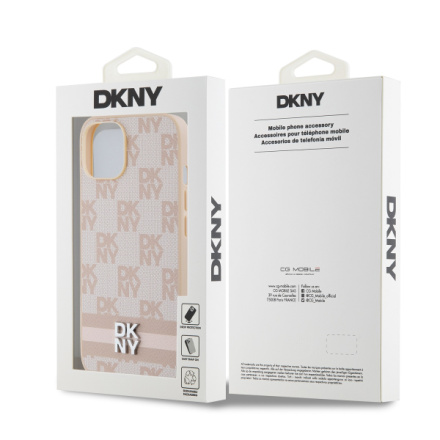 DKNY PU Leather Checkered Pattern and Stripe Zadní Kryt pro iPhone 15 Pink, DKHCP15SPCPTSSP