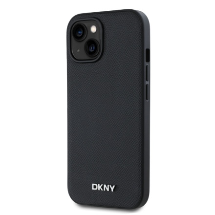 DKNY PU Leather Silver Metal Logo Magsafe Zadní Kryt pro iPhone 15 Black, DKHMP15SPGHLMK