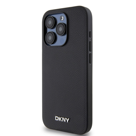 DKNY PU Leather Silver Metal Logo Magsafe Zadní Kryt pro iPhone 15 Pro Black, DKHMP15LPGHLMK