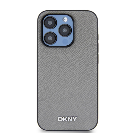 DKNY PU Leather Silver Metal Logo Magsafe Zadní Kryt pro iPhone 14 Pro Grey, DKHMP14LPGHLMS