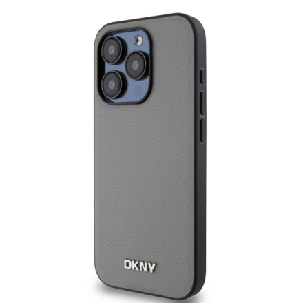 DKNY PU Leather Silver Metal Logo Magsafe Zadní Kryt pro iPhone 14 Pro Grey, DKHMP14LPGHLMS