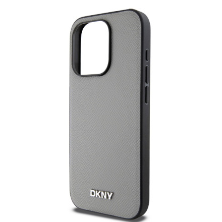 DKNY PU Leather Silver Metal Logo Magsafe Zadní Kryt pro iPhone 14 Pro Grey, DKHMP14LPGHLMS