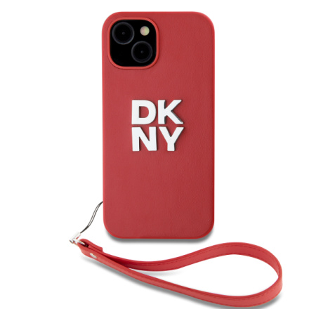 DKNY PU Leather Stack Logo Wrist Strap Zadní Kryt pro iPhone 14 Red, DKHCP14SPBSWSP