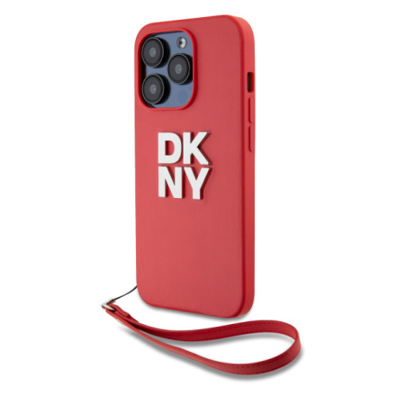 DKNY PU Leather Stack Logo Wrist Strap Zadní Kryt pro iPhone 14 Pro Red, DKHCP14LPBSWSP