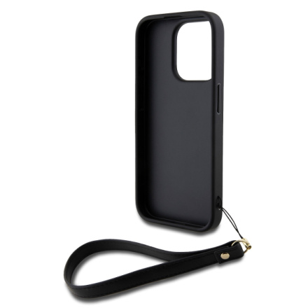 DKNY PU Leather Stack Logo Wrist Strap Zadní Kryt pro iPhone 15 Pro Max Black, DKHCP15XPBSWSK