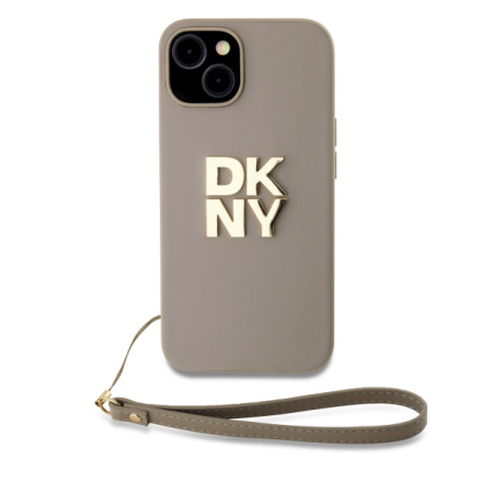 DKNY PU Leather Stack Logo Wrist Strap Zadní Kryt pro iPhone 14 Beige, DKHCP14SPBSWSE