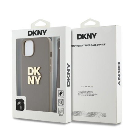 DKNY PU Leather Stack Logo Wrist Strap Zadní Kryt pro iPhone 14 Beige, DKHCP14SPBSWSE