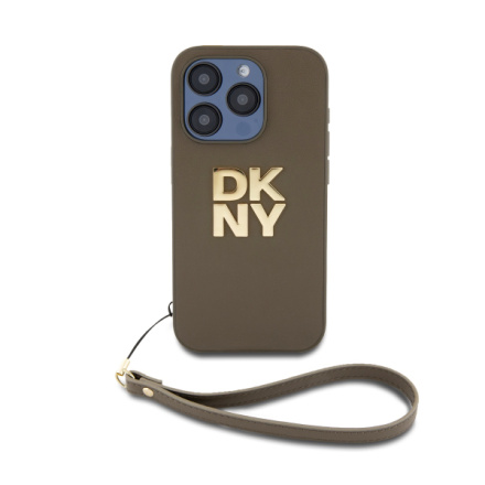 DKNY PU Leather Stack Logo Wrist Strap Zadní Kryt pro iPhone 14 Pro Brown, DKHCP14LPBSWSA