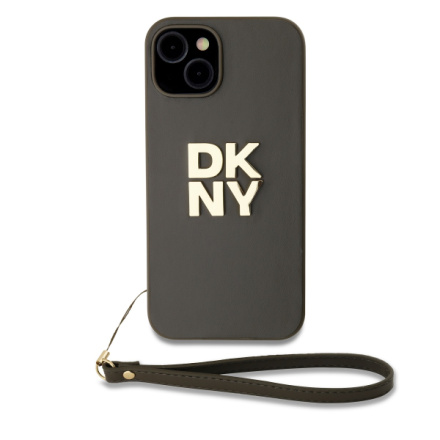 DKNY PU Leather Stack Logo Wrist Strap Zadní Kryt pro iPhone 15 Brown, DKHCP15SPBSWSA