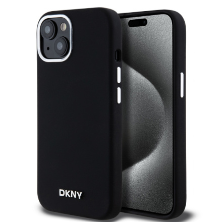 DKNY Liquid Silicone Silver Metal Logo Magsafe Zadní Kryt pro iPhone 15 Black, DKHMP15SSMCHLK