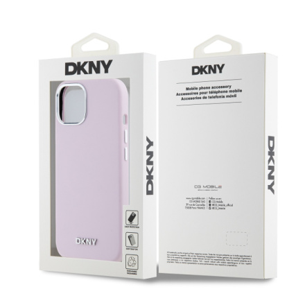 DKNY Liquid Silicone Silver Metal Logo Magsafe Zadní Kryt pro iPhone 15 Pink, DKHMP15SSMCHLP
