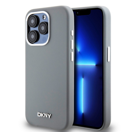 DKNY Liquid Silicone Silver Metal Logo Magsafe Zadní Kryt pro iPhone 15 Pro Grey, DKHMP15LSMCHLG