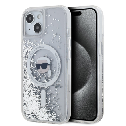 Karl Lagerfeld Liquid Glitter Karl Head Magsafe Zadní Kryt pro iPhone 15 Transparent, KLHMP15SLGKISGH