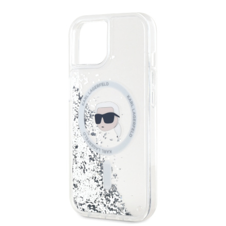 Karl Lagerfeld Liquid Glitter Karl Head Magsafe Zadní Kryt pro iPhone 15 Transparent, KLHMP15SLGKISGH