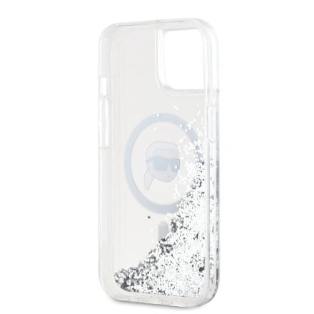 Karl Lagerfeld Liquid Glitter Karl Head Magsafe Zadní Kryt pro iPhone 15 Transparent, KLHMP15SLGKISGH