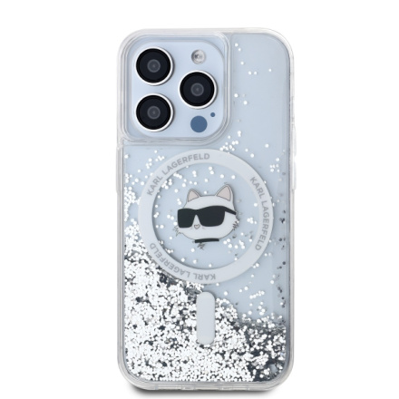 Karl Lagerfeld Liquid Glitter Choupette Head MagSafe Zadní Kryt pro iPhone 15 Pro Transparent, KLHMP15LLGCHSGH