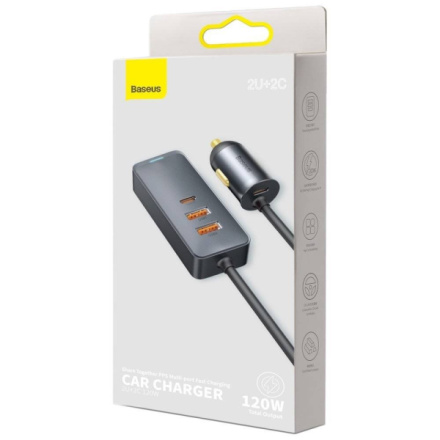 Baseus  Rychlá Nabíječka do Auta s Prodlužovacím Kabelem 120W 2x USB + 2x USB-C Gray, CCBT-A0G