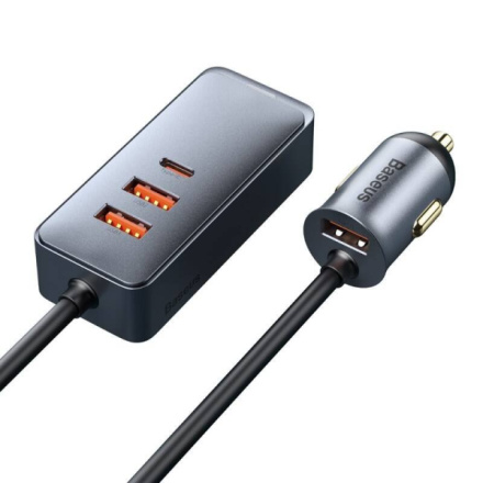 Baseus  Rychlá Nabíječka do Auta s Prodlužovacím Kabelem 120W 3x USB +1xUSB-C Gray, CCBT-B0G