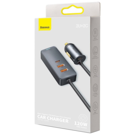 Baseus  Rychlá Nabíječka do Auta s Prodlužovacím Kabelem 120W 3x USB +1xUSB-C Gray, CCBT-B0G