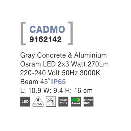 Svítidlo Nova Luce CADMO R WALL GREY 2 nástěnné, IP 65, 2x3 W, 9162142