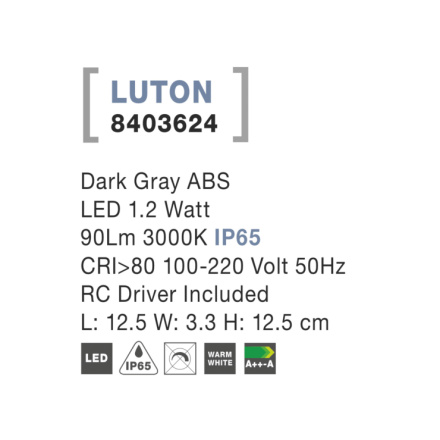 Svítidlo Nova Luce LUTON STEP GREY 2 schodišťové, IP 65, 1,2 W, 8403624