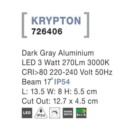 Svítidlo Nova Luce KRYPTON S STEP GREY 5 schodišťové, IP 54, 3 W, 726406