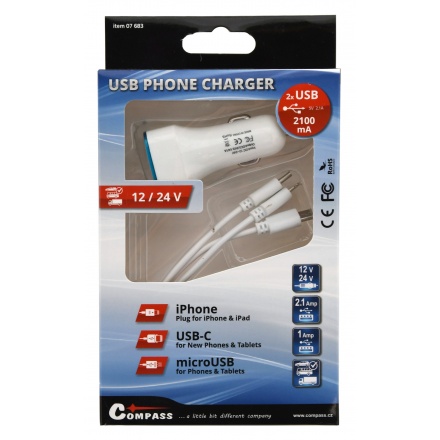 Nabíječka telefonu USB 3in1 (micro USB, iPhone, USB C), 07683